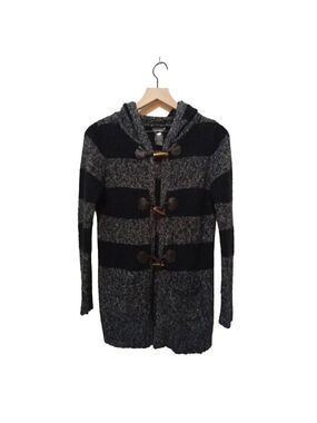 Devoted Long Black & Gray Marle Striped Toggle Closure Hooded Cardigan Sz XS